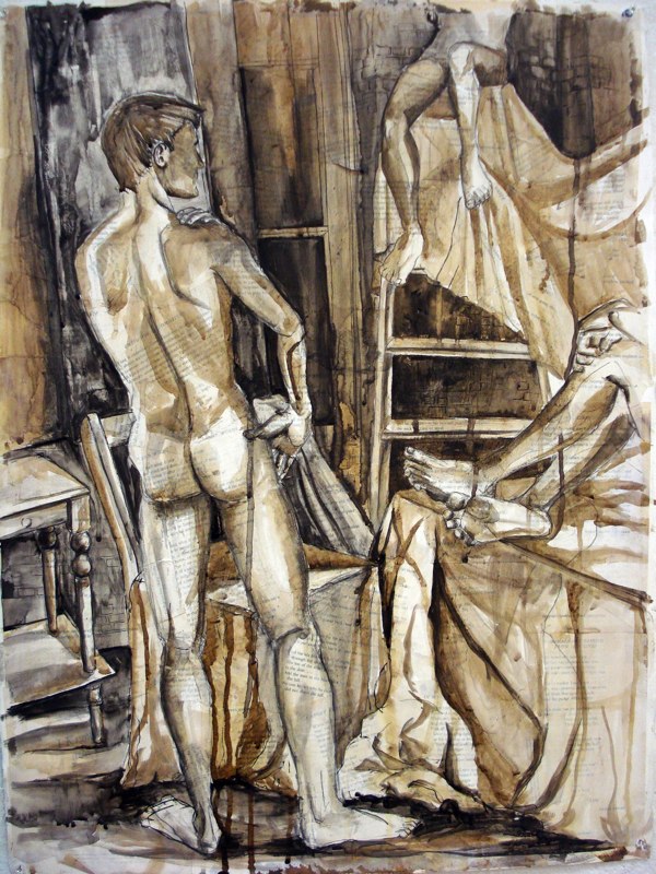 Painting of nude male, on newspaper.LSU BFA Studio Art Painting Drawing