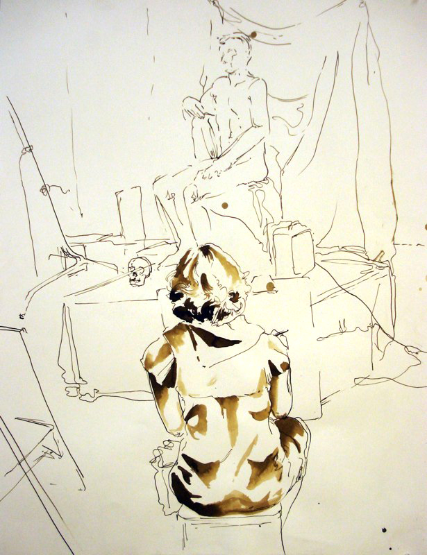 Figure drawing of artist's back, nude model in background.LSU BFA Studio Art Painting Drawing