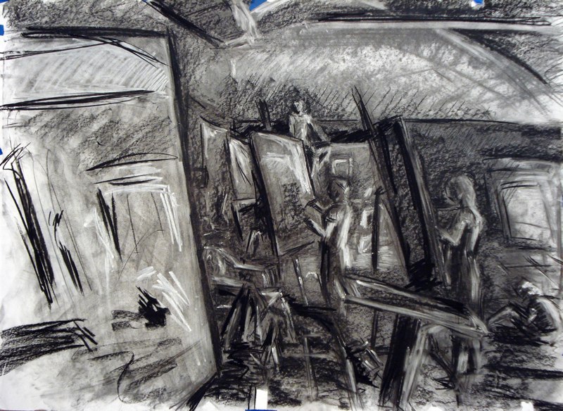 Charcoal drawing of figures at easels.LSU BFA Studio Art Painting Drawing