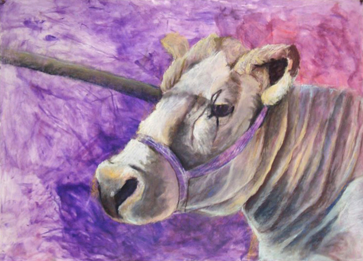 Painting of cow, purple background.LSU BFA Studio Art painting drawing