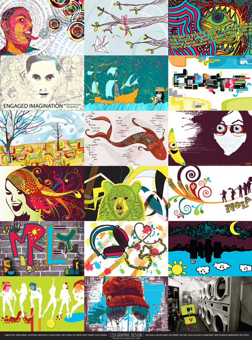 Poster with thumbnails of different colorful images, LSU BFA Studio Art Graphic Design