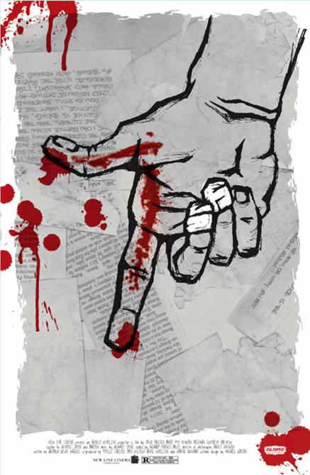 Drawing of hand with bloody index finger, text pages layered in background.LSU BFA Studio Art Graphic Design