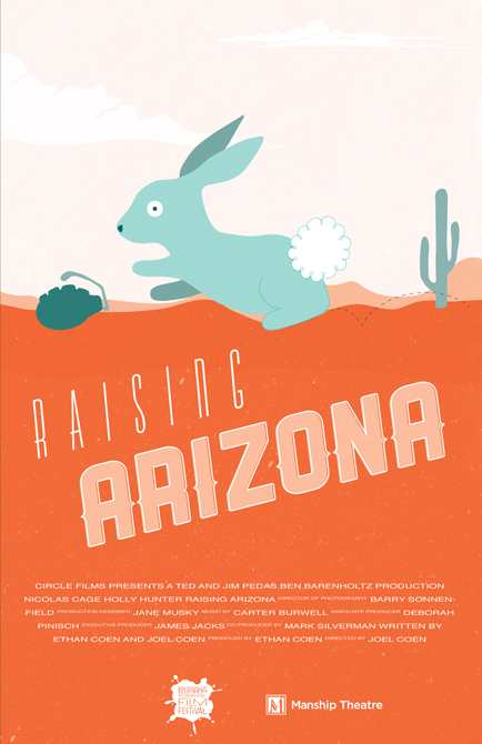 Raising Arizona movie poster with blue rabbit, cactus, orange background, LSU BFA Studio Art Graphic Design