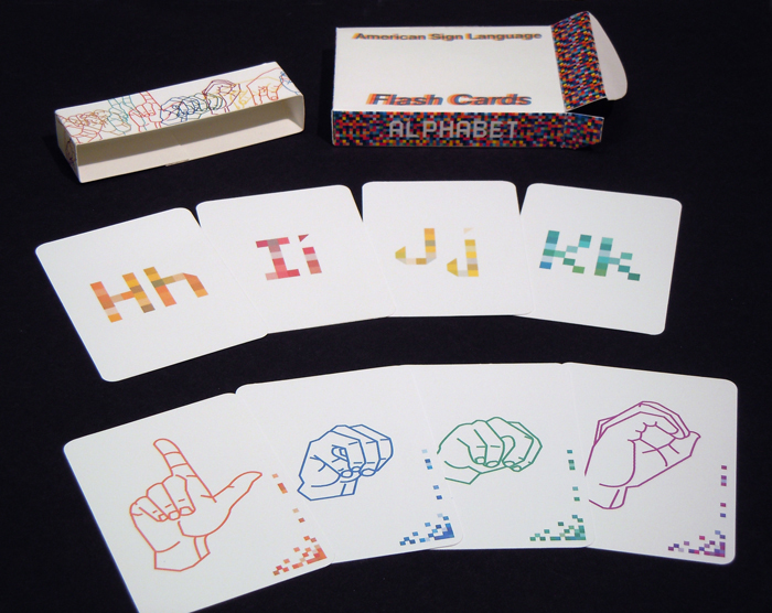 Flash cards designs with illustrated hands performing sign language.LSU BFA Studio Art Graphic Design