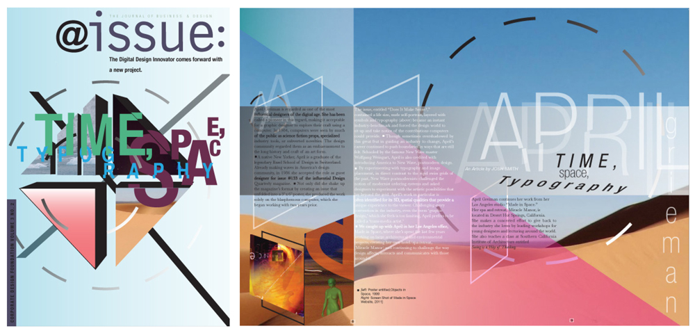 Magazine spread design, with shades blue and pink.LSU BFA Studio Art Graphic Design