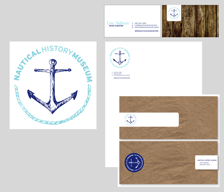 Nautical History Museum brand themes with anchor, rope logo, letterhead, envelope designs.LSU BFA Studio Art Graphic Design