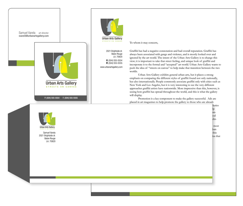 Urban Arts Gallery branding: logo, letterhead, business card designs.LSU BFA Studio Art Graphic Design