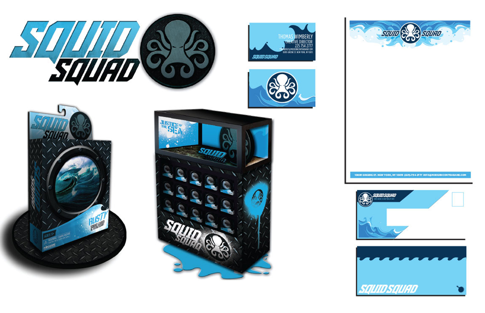 Squid Squad toy packing design, blue and black.LSU BFA Studio Art Graphic Design