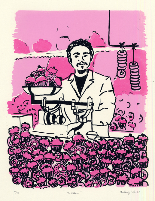 Male figure surrounded by cupcakes and donuts, pink background.LSU BFA Studio Art Printmaking