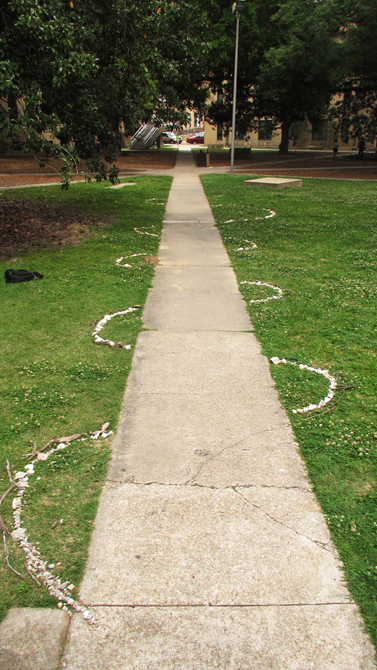 Patterns of natural materials around path outside, LSU BFA Studio Art Sculpture