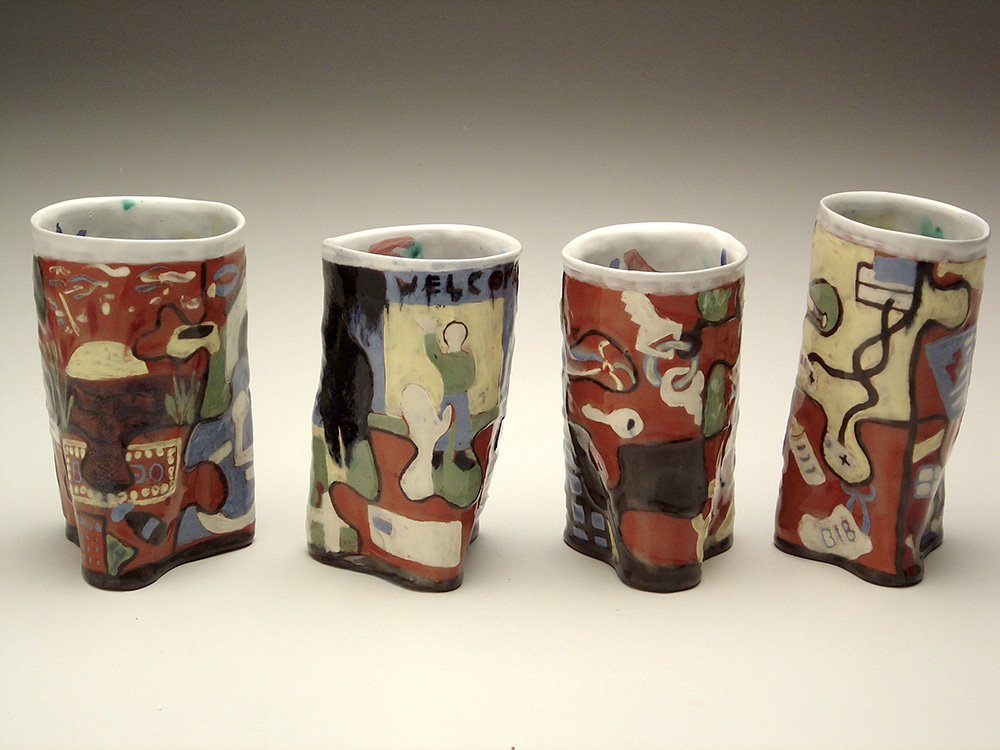 mugs with patterns in primary colors, LSU BFA Studio Art Ceramics