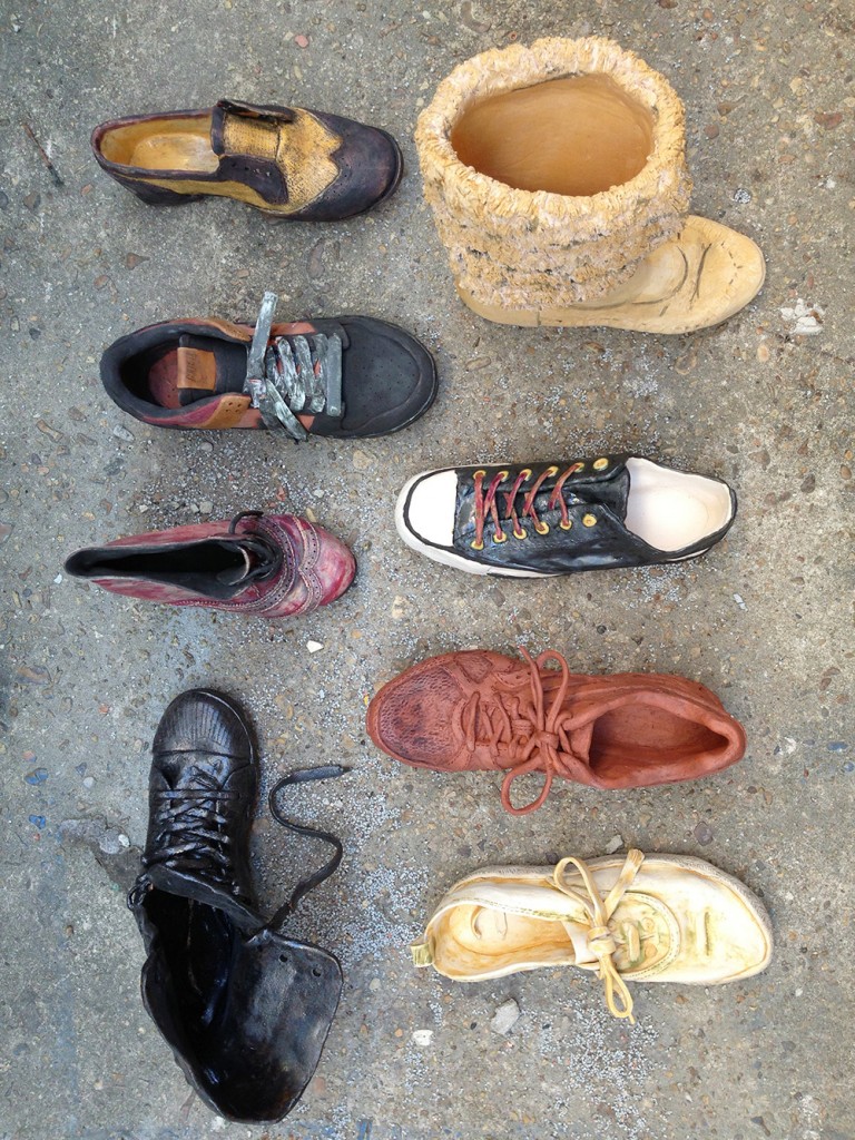 Aerial view of ceramic shoes.LSU BFA Studio Art Ceramics