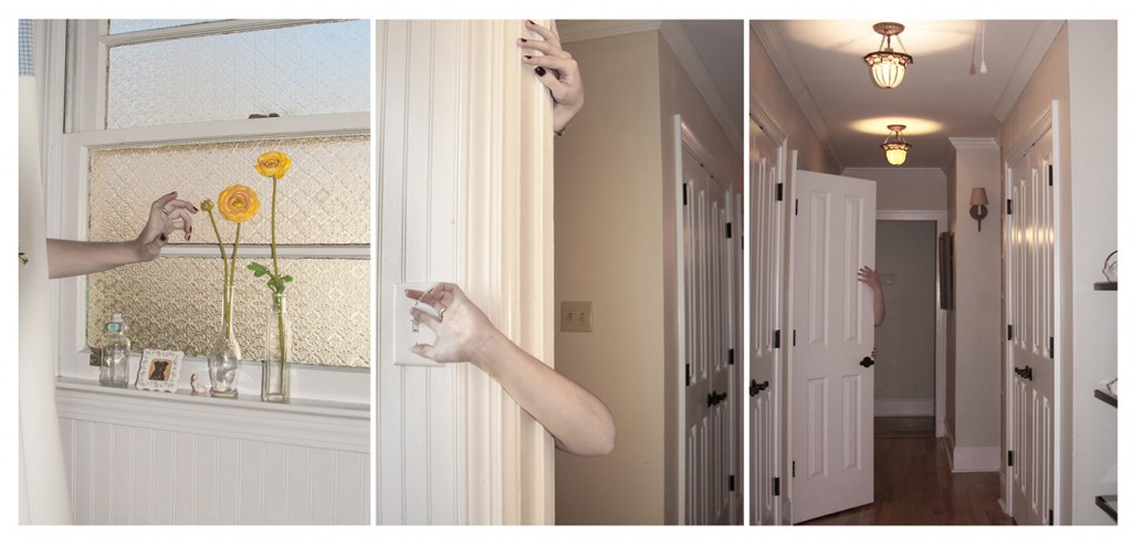 Arms reaching around doorways in home, LSU BFA Studio Art Photography