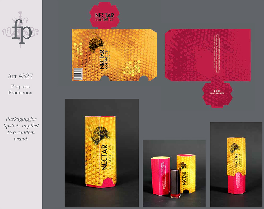 Packaging for Nectar Cosmetics, beehive theme.LSU BFA Studio Art Graphic Design