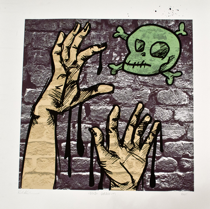 Hands reaching toward green skull and cross bones, brick background.LSU BFA Studio Art Printmaking Digital Art