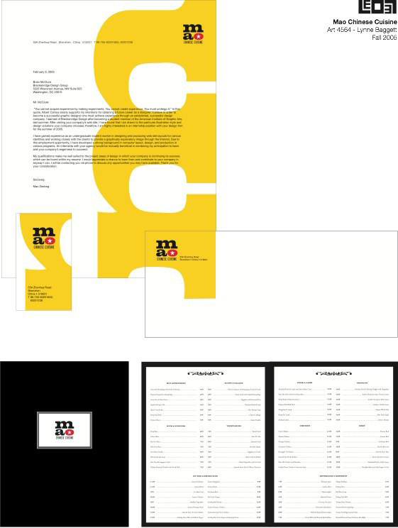 Mao Chinese cuisine branding document, LSU BFA Studio Art Graphic Design