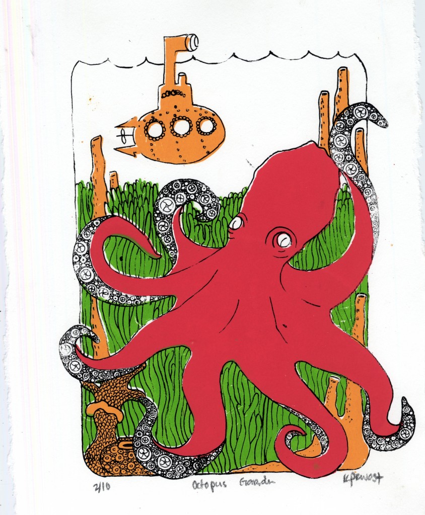 red octopus and orange submarine, LSU BFA Studio Art Printmaking