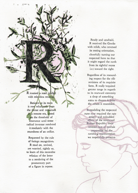 Book page with illustrated R and rose.LSU BFA MFA Studio Art Printmaking Book Arts