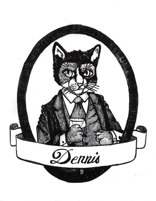 Cat in suit with name title Dennis.LSU BFA Studio Art Printmaking