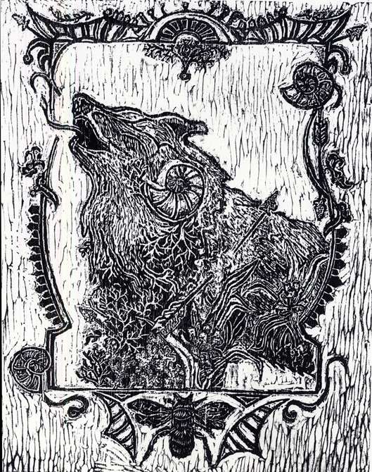 Wolf in frame with snails, bee, plants, LSU BFA Studio Art Printmaking