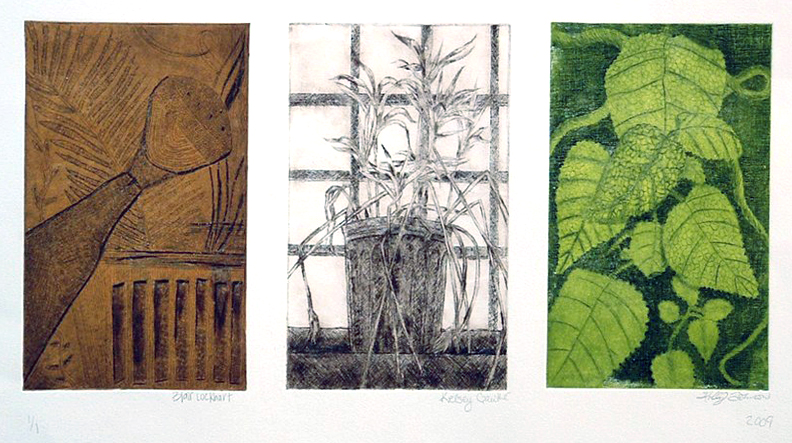 Prints of three plants, LSU BFA Studio Art Printmaking