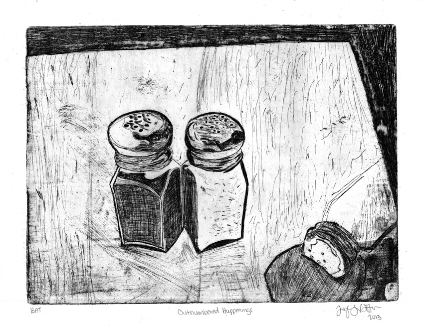 Drawing of salt and pepper shakers, LSU BFA Studio Art Printmaking