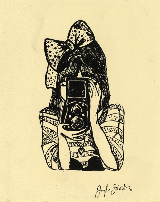 Drawing girl with bow and camera in front of face, LSU BFA Studio Art Printmaking