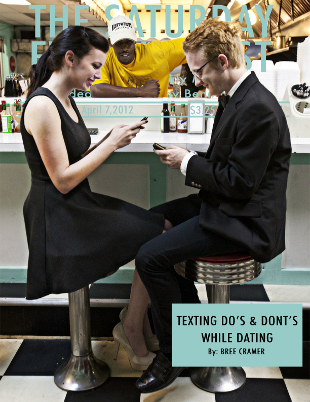 Magazine cover image of man and woman in diner, text