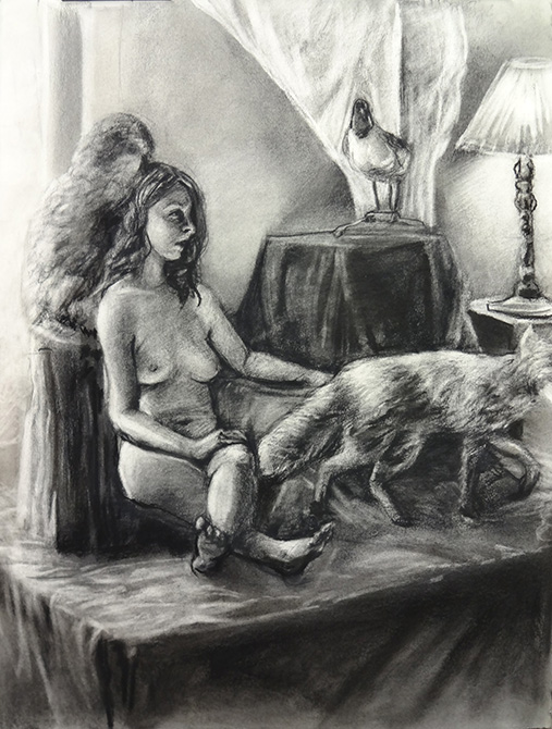 charcoal sketch of woman with animals, by christopher stafford, lsu art 4889 advanced figure drawing