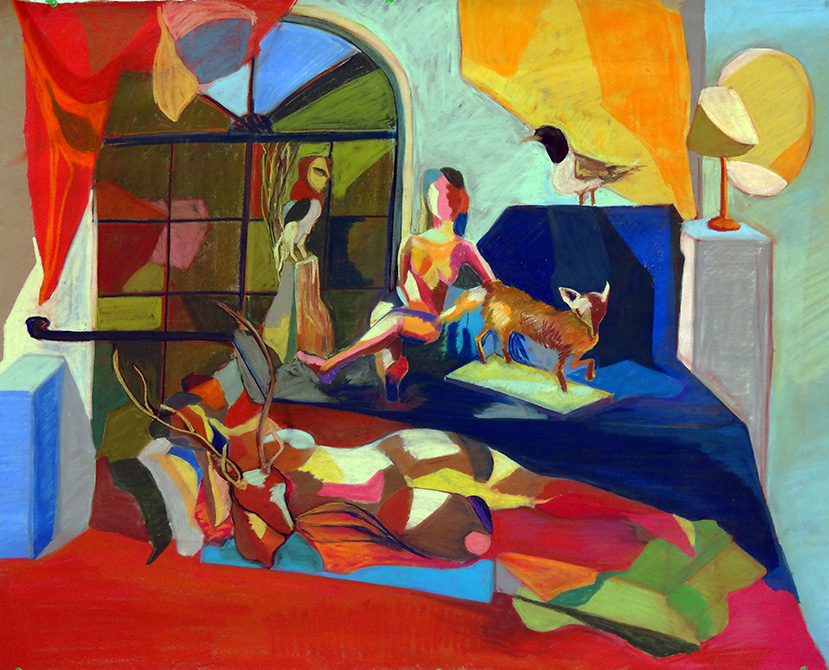 colorful abstract scene of woman and animals, by michelle marks, lsu art 4889 advanced figure drawing