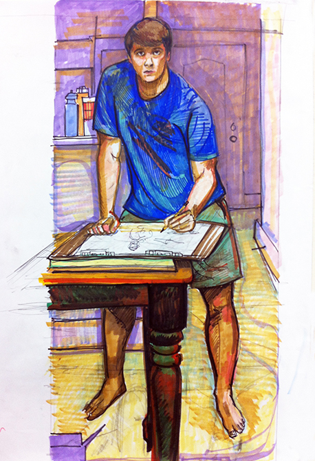 boy in blue shirt at table, lsu art 4889 advanced figure drawing