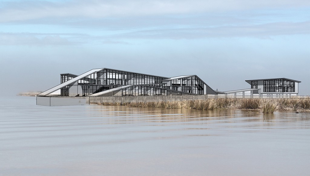 rendering of building over water