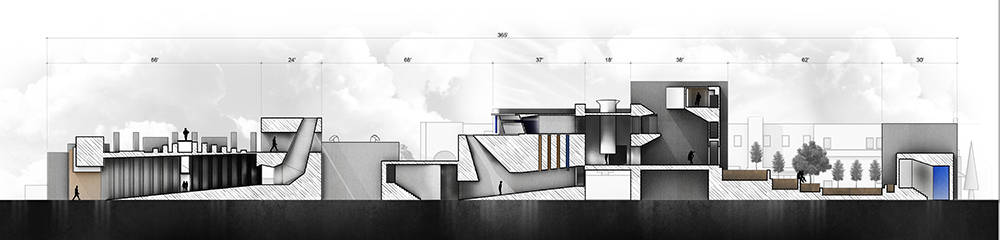 Giovanni Coakley, BArch 2018: Longitudinal section through observatory and archive (Marfa, TX)