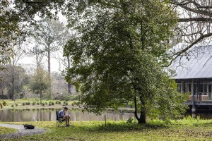 hth华体会体育app官网A student sketching a tree by a lake at lsu landscape architecture camp, hilltop arboretum