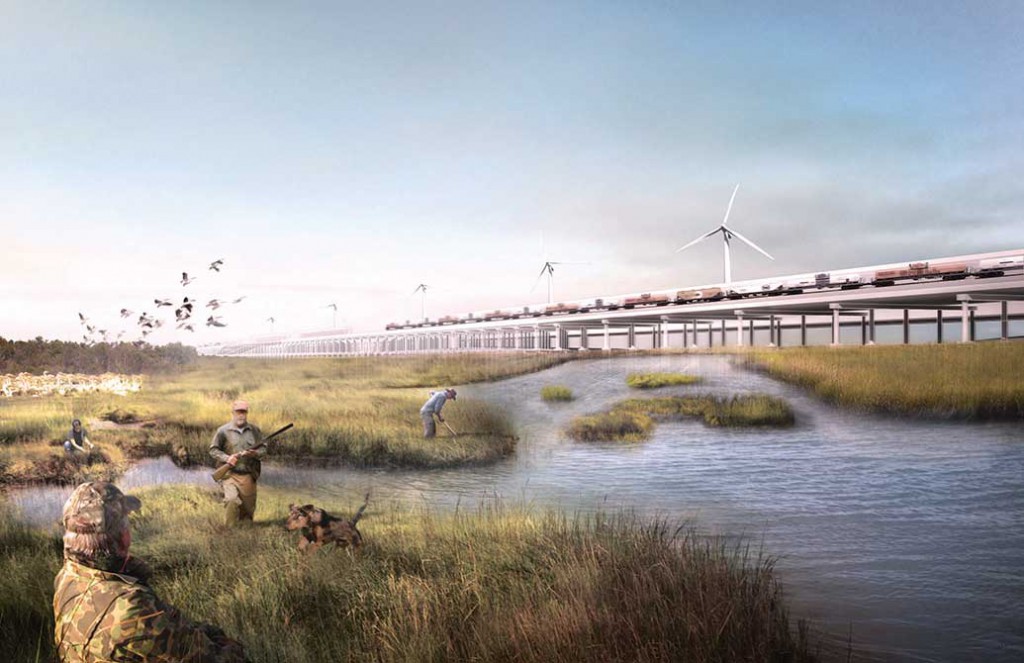 Rendering of train tracks over a swamp