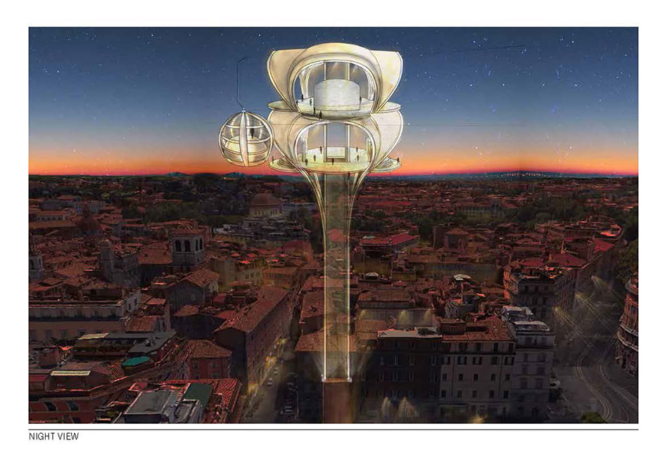 Rendering of gondola system over Rome at night