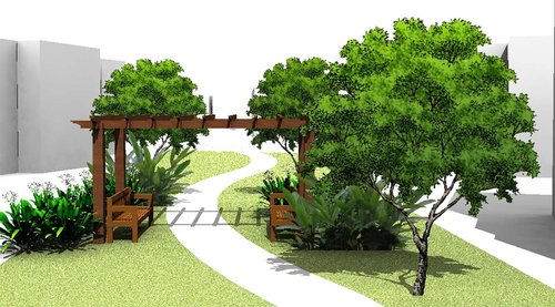 Design of park pathway and bench under trees