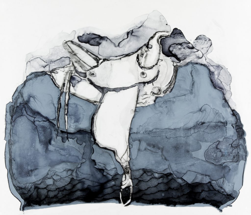 Watercolor image of saddle on a rock