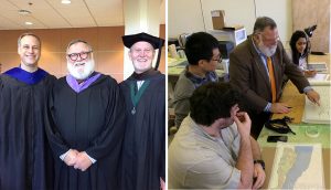 Lewis May in graduation robes with Mark Boyer and Tom Sofranko