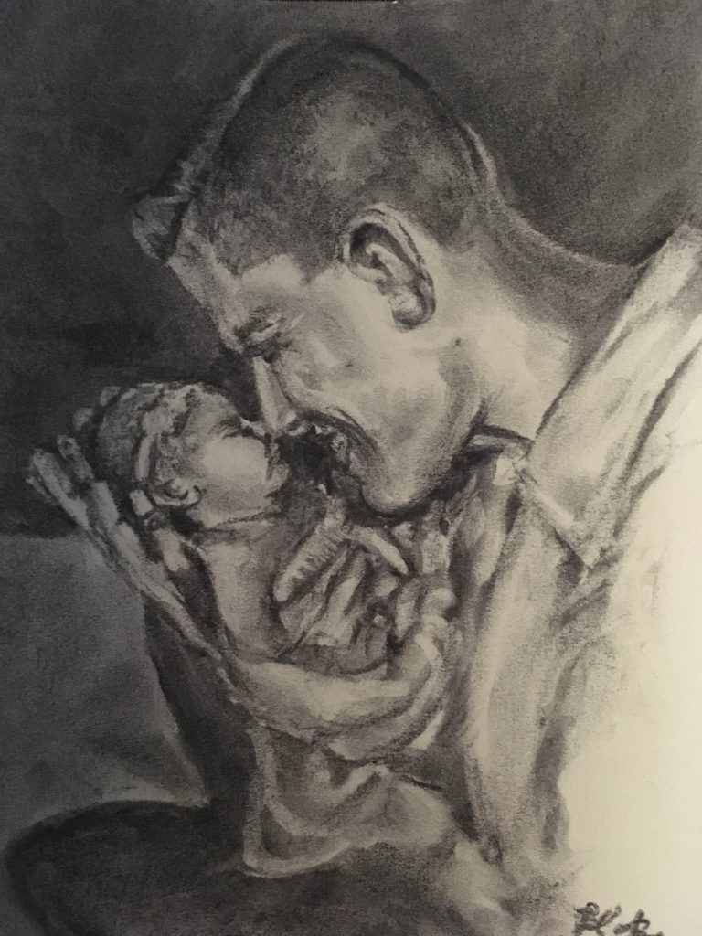 Charcoal drawing of man with baby