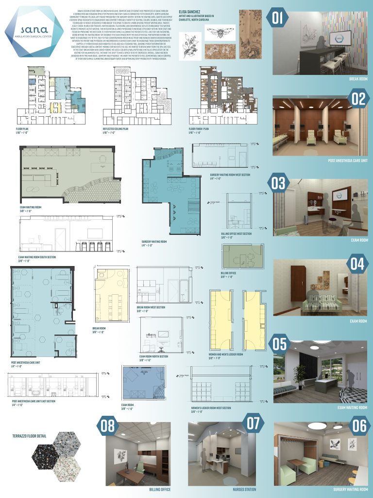 Project with floorplans, room simulations, blue background.