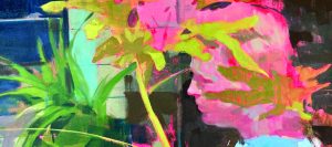 Colorful painting with bright pink face, tropical green plants