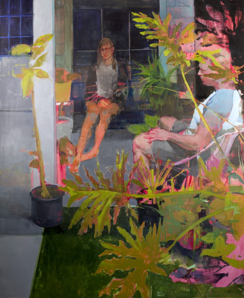 Painting of figures seated in bright garden