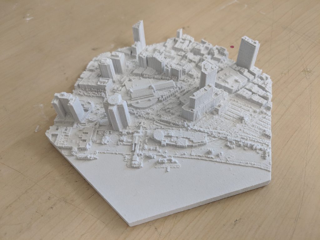 white 3D printed model of city