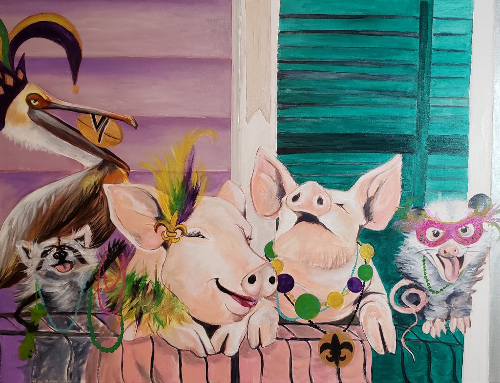 painting of pigs in Mardi Gras attire