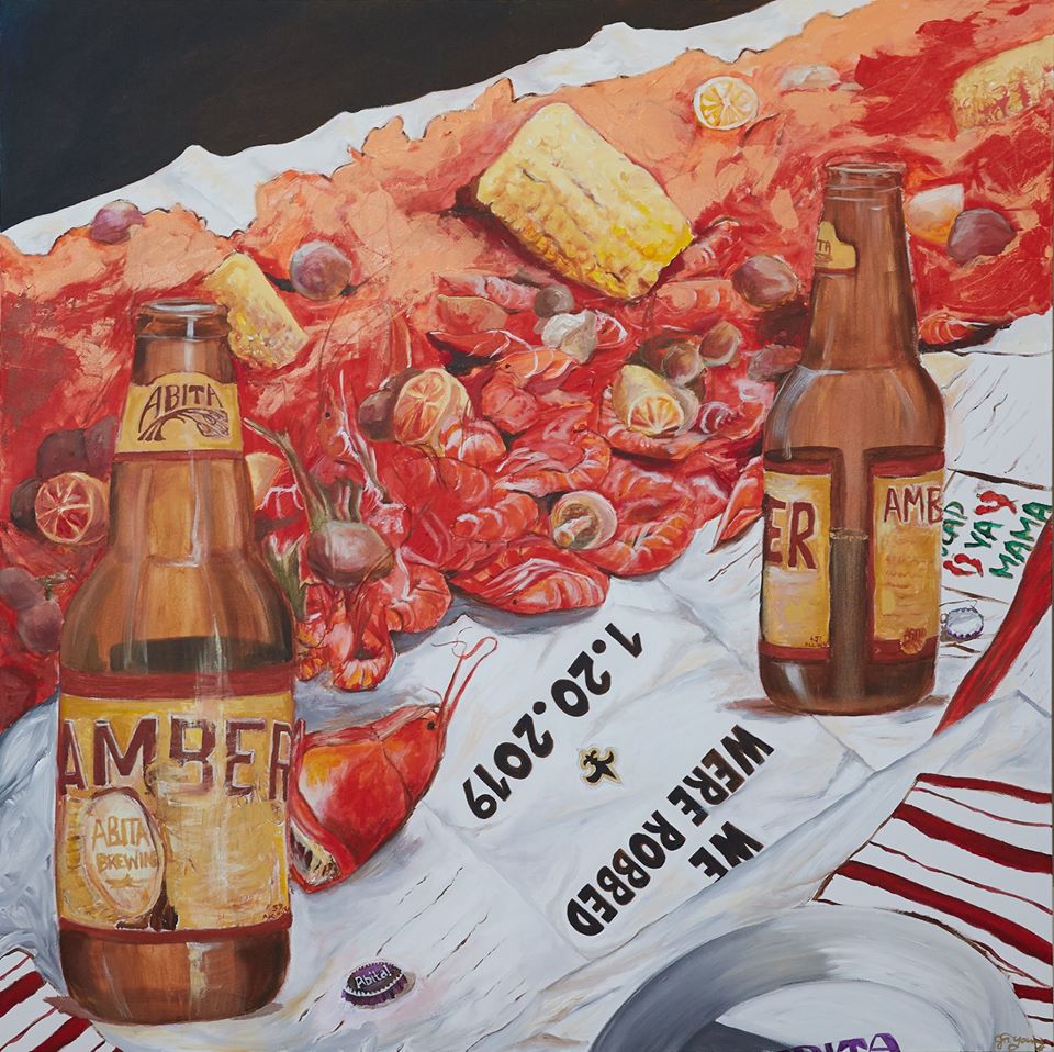 painting of crawfish, beers, corn on table