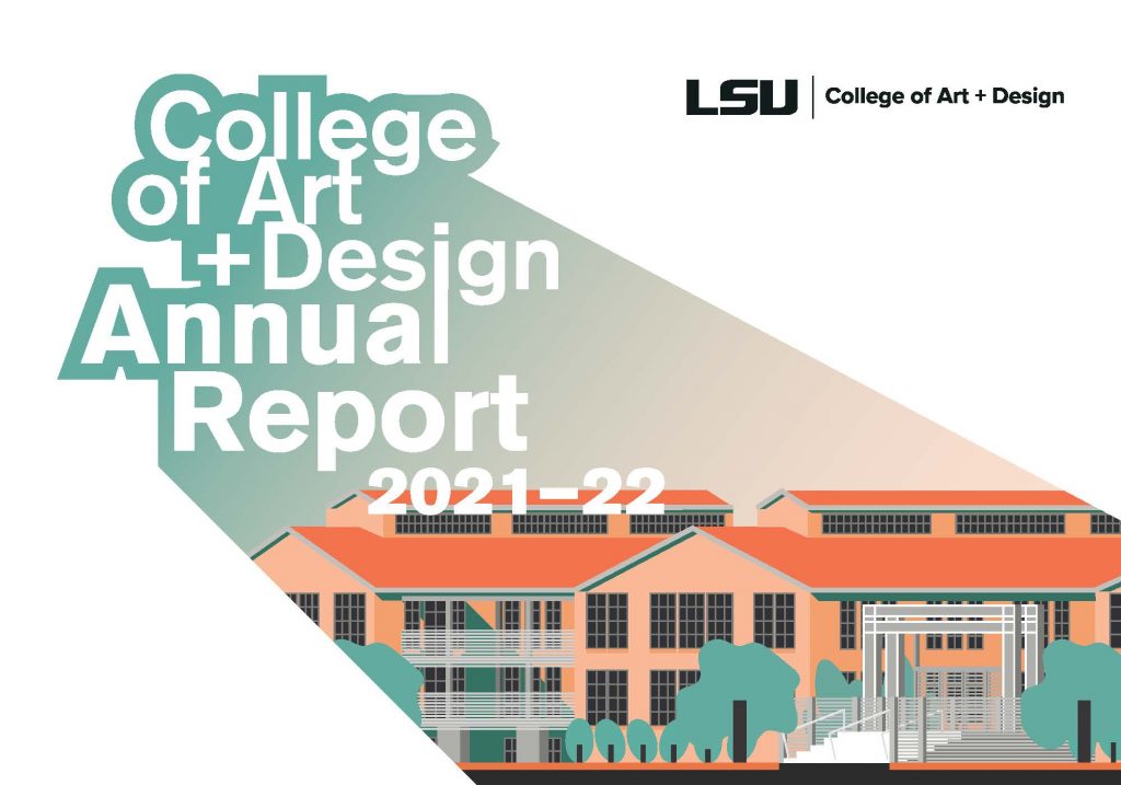 College of Art & Design Annual Report 2021-22 cover.Illustration of renovated Art & Design complex