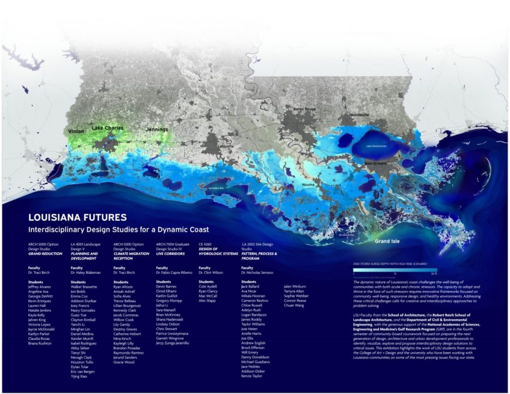 Louisiana Futures poster: Louisiana coastline simulated, lists of student names over Gulf water