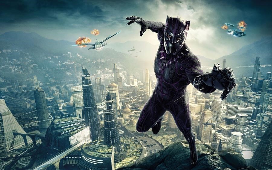 Black Panther flying over Afrofuturistic city, courtesy of Marvel studios